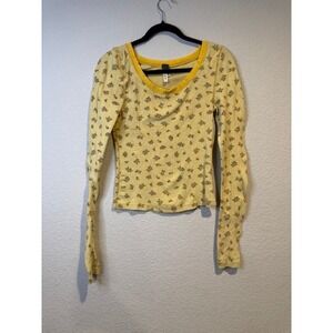 WE THE FREE Free People Yellow Floral Waffle Knit Long Sleeve Top M